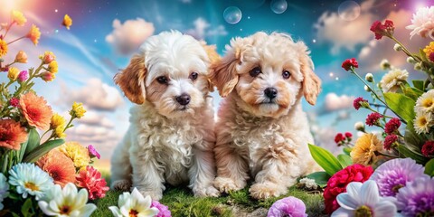 Enchanting Double Exposure of Maltese Poodle Puppies in a Serene Nature Setting with Soft Pastel Colors and Playful Imagery, Capturing the Essence of Joy and Innocence
