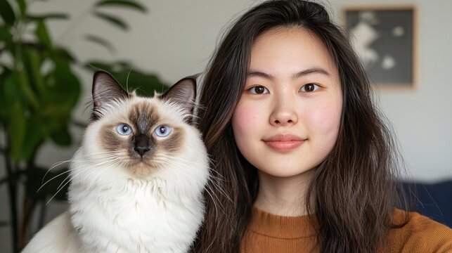 Young Woman with Bright Eyes and Cat Portrait