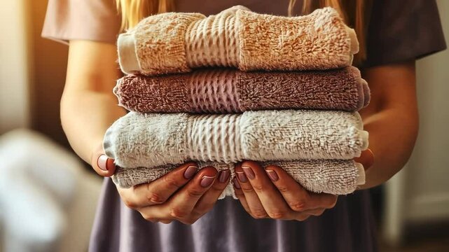 A person holds a stack of four towels, likely after doing laundry