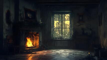 A serene and tranquil interior with a warm fire, inviting nature inside.