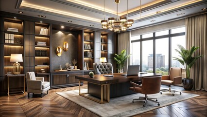 Fototapeta premium Elegant Luxury Office Background Design for Professional Zoom Meetings and Virtual Events, Stylish Workspace with Modern Décor, Sophisticated Lighting, and High-End Furnishings