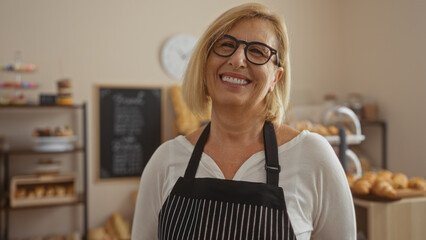 Mature woman with short blonde hair smiling in a cozy bakery interior with various pastries and...