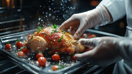 A chef carefully garnishes a golden-brown roasted turkey with fresh herbs and cherry tomatoes in preparation for a festive Thanksgiving dinner