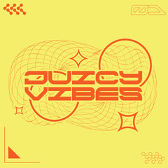 Abstract Twisted Wireframe with Futuristic 'Juicy Vibes' Typography, Minimal Yellow and Orange Artwork