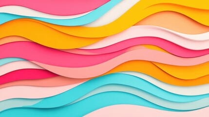 Fototapeta premium This colorful display features abstract wavy layers of vibrant pink, orange, blue, and cream, creating a dynamic and lively design