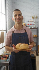 Young man smiling and holding freshly baked bread in a modern bakery, showcasing a bright and inviting indoor setting with various pastries in the background