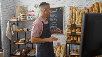 Fototapeta premium Young man working in a bakery shop surrounded by pastries and breads, looking professional in a neat apron and pink shirt, with a chalkboard menu in the background detailing prices.