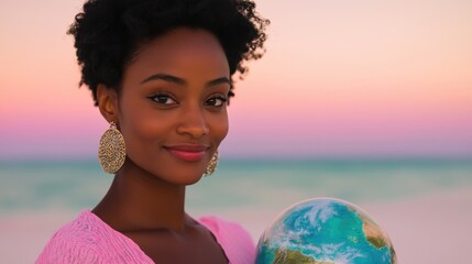 Fototapeta premium An adventurous young woman stands on the beach at dusk, holding an Earth globe and smiling warmly at the camera as the sun sets