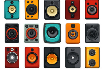 Colorful cartoon  speakers set designed for studio professionals and creators