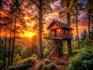 Enchanting Treehouse at Sunset Surrounded by Lush Greenery, Vibrant Sky and Tranquil Atmosphere for Nature Lovers and Adventurers