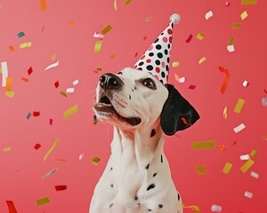 Dalmatian in polka dot party hat, among scattered new year party favors, spotted happiness, celebration vibes