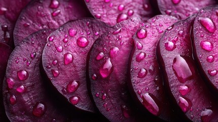 Fototapeta premium Close-up of fresh beetroot slices with glossy water droplets, showcasing their deep, rich hues and texture vividly.