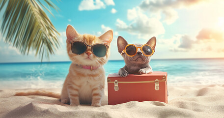 cat and dog traveling in the beach