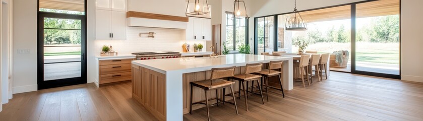 Fototapeta premium Modern kitchen featuring stylish hanging lights and a cozy dining area for a warm, inviting atmosphere.