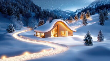 Fototapeta premium Evening lights twinkle around a warm, inviting house in a snowy landscape, with surrounding pine trees blanketed in soft snow, creating a festive and cozy atmosphere.