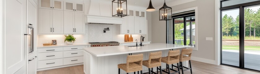 Modern kitchen featuring stylish hanging lights and a cozy dining area for a warm, inviting atmosphere.