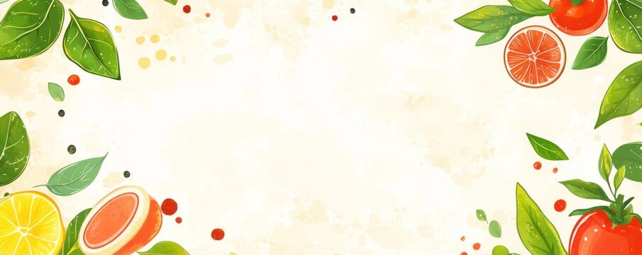 A decorative border featuring various fruits and leaves on a textured background.