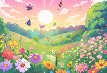 Fototapeta premium Anime-Style Meadow in Bloom 