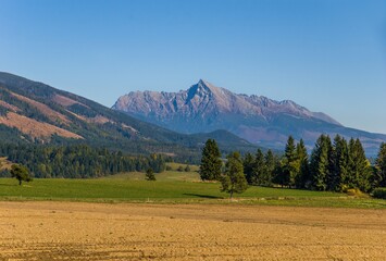 Panoramic view of Tatra mountains. Beautiful valley with the forest at mountains foothills. Picturesque morning landscape.Krivan mountain in High Tatras, Slovakia, region Liptov.