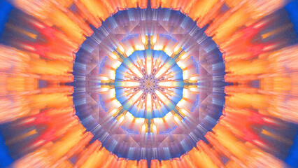 Kaleidoscope background, abstract geometric backdrop, gradient colorful illustration. Kaleidoscopic ornament with a grainy noise texture. Retro hypnotic futuristic design