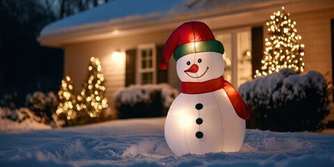 Obraz premium Close-up of a Christmas-themed yard inflatable of a snowman, brightly lit and displayed in a front yard covered in snow.