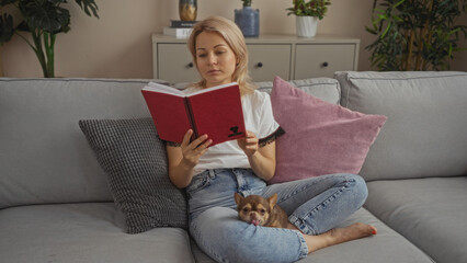 A young blonde woman is reading a book while relaxing on a couch with her chihuahua in a cozy living room.