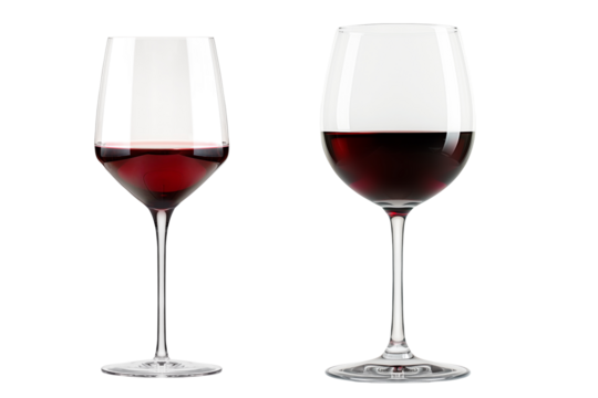 Pair of red wine glasses isolated on white transparent background. Rose wine splashing in glassware