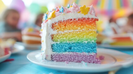 A vibrant rainbow layered cake with creamy frosting and bright sprinkles is displayed on a table at a joyful celebration event