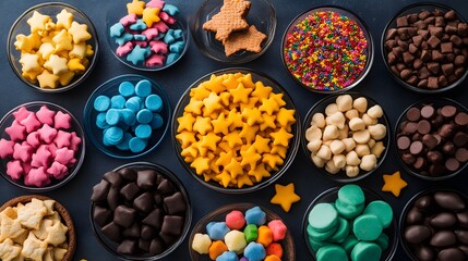 Colorful assortment of sweets and candies in various bowls on a dark background.