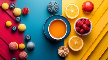 Colorful assortment of sweets and fruits with a cup of tea, vibrant and playful composition.
