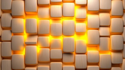Abstract Wooden Block Wall with Warm Glow 3D Render Pattern Texture Background