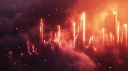 Fototapeta premium A futuristic city skyline glows with neon light in a red and orange sky, creating a surreal and ethereal atmosphere.