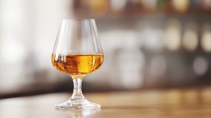 A beautifully crafted brandy glass filled with amber liquid sits on a sleek bar counter, illuminated by soft, ambient light