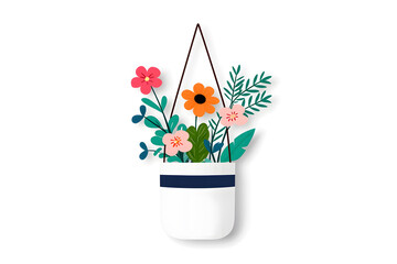 Plant flowers in hanging pot flat style illustration isolated on white