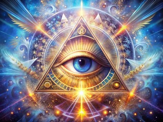 Eye of Providence Metaphysical Occult Artistic Poster Illustration Featuring Intricate Symbols, Mystical Elements, and a Captivating High Depth of Field Design for Spiritual Themes