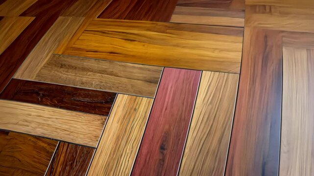A close-up of a hardwood floor with various wood species, arranged in a herringbone pattern