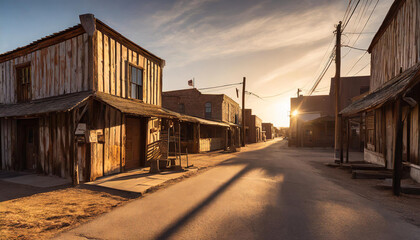 Fototapeta premium Classic wild west town with vintage buildings, deserted streets, and a warm sunset casting long shadows, creating a timeless scene reminiscent of historic American frontier settlements. 