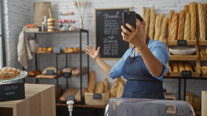 Woman talking on a video call in a bakery, showcasing various breads and pastries, standing indoors in a bakery shop wearing a blue apron and holding a smartphone.