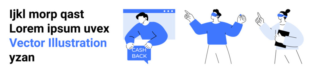 Male figure holding cash back sign, two figures communicating with pointing gestures. Ideal for financial promotions, team coordination, marketing materials, educational content, tech blogs, business