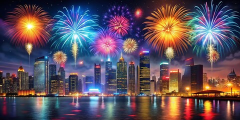 Festive Night Photography: Vectors and Postcard Backgrounds for New Year Celebrations Featuring Colorful Fireworks, City Lights, and Elegant Design Elements
