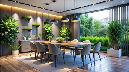 Fototapeta premium Minimalist Dining Room Interior with Table Plants and Modern Decorations Created Using Technology for a Contemporary Living Space