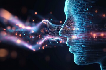 AI-generated human face, waves are output mimicking human sound.