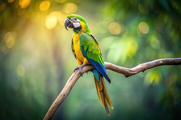 Minimalist Photography of a Green and Yellow Macaw in Natural Habitat, Showcasing Vibrant Colors, Simple Background, and Elegant Composition for Nature Enthusiasts and Bird Lovers