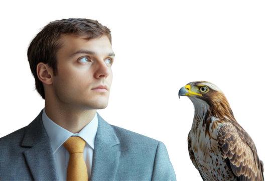 An eagle in a business suit gazes thoughtfully at its human companion in an office