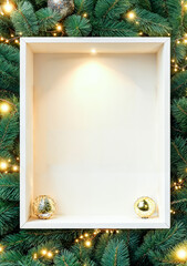 a white presentation box with an empty and illuminated hollow niche in the middle of fir branches with fairy lights for product presentation