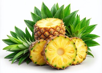 Fresh and Vibrant Pineapple Composition with Juicy Ripe Pineapple Slices and Green Leaves Isolated on White Background for Product Photography