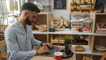 Young hispanic man with a beard working on a laptop in a cozy bakery cafe with a diverse selection of pastries and baked goods in the background