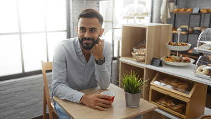 Fototapeta premium Handsome young man enjoying coffee in a cozy bakery, surrounded by fresh pastries and modern decor, with a thoughtful expression and a cheerful ambiance.