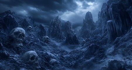 Dark, Eerie Landscape Of A Frozen Mountain Range With Giant Skull Formations And Ominous Clouds In The Sky. Generative AI