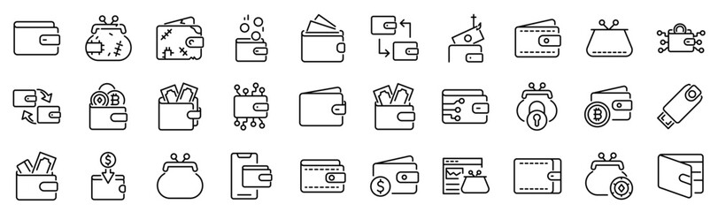 Set of 30 outline icons related to wallet. Linear icon collection. Editable stroke. Vector illustration